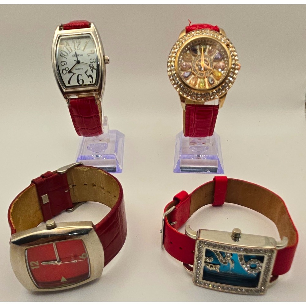 Lot of 4 Assorted Womens Quartz Watches. Red,Silvertone,Crystals,New Batteries.